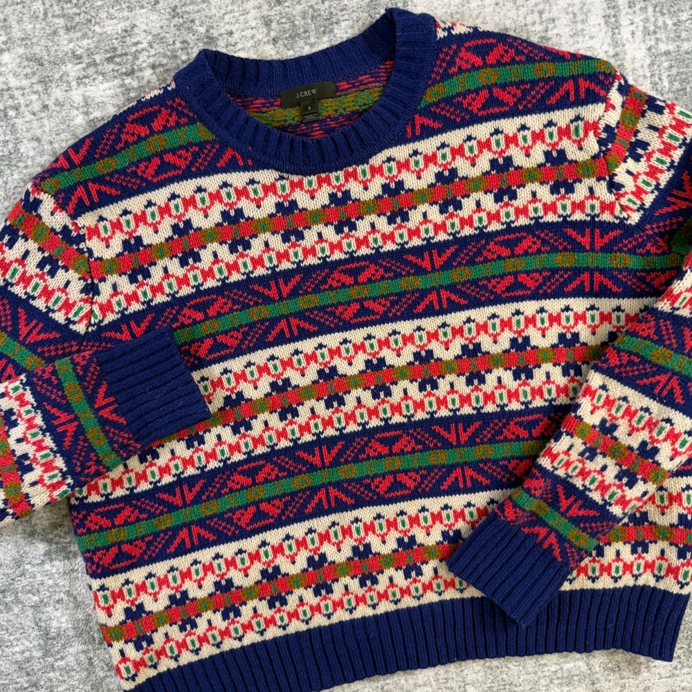 J Crew Sweater Womens Small Fair Isle Colorful Lambswool Crewneck Nordic Winter